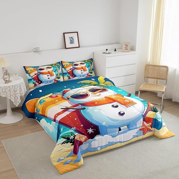 Manfei Cute Snowman Comforter Set Queen Size, Christmas Theme Bedding Set for Kids Boys Girls, Beach Surfboard Palm Tree Down Comforter for All Season, Lightweight Duvet Insert, 2 Pillowcases