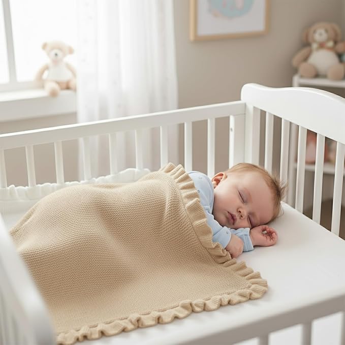 Cotton Baby Blanket with Ruffle Edge Soft Breathable Newborn Blanket for Boys & Girls, Lightweight Knit Throw for Crib, Stroller & Nursery Multiple Colors Available Beige 30x40
