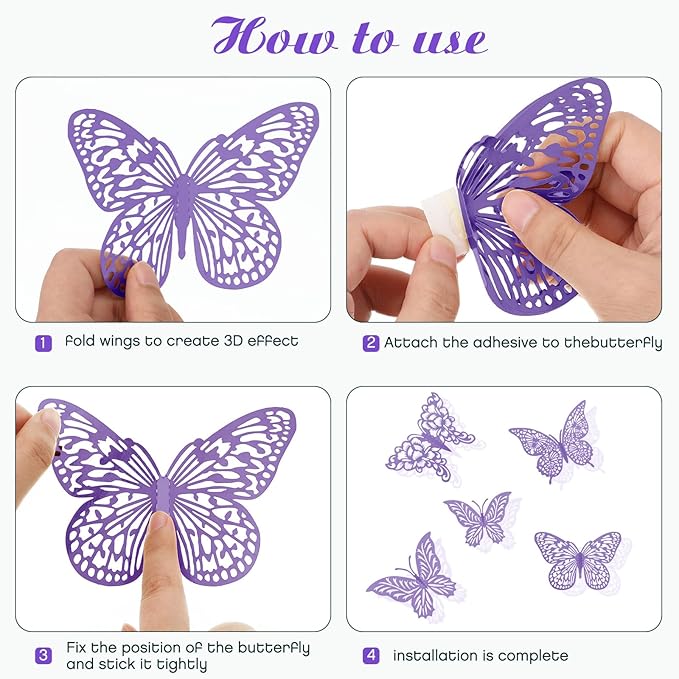 3D Gold Butterfly Wall Decor 3 Sizes 4 Styles Butterfly Party Decorations Cake Decorations Removable Stickers Wall Decor Room Mural Metallic Kids (Purple, 96Pcs)