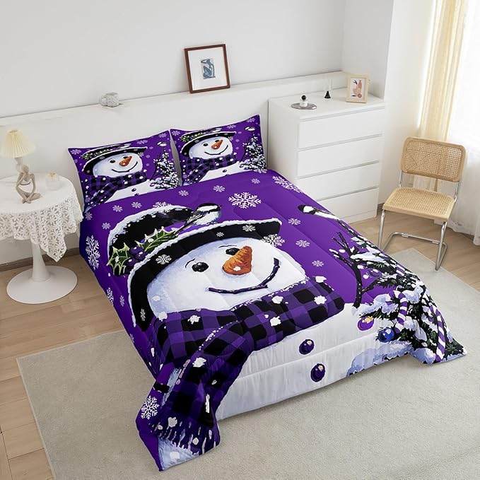 Feelyou Kids Christmas Theme Decorations Bedding Set Xmas Snowman Comforter Set for Boys Girls Snowflake Kawaii Cute Comforter Purple Quilt Set Bedroom Collection Toddler Size