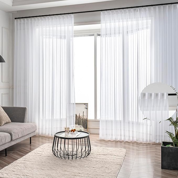 White Sheer Curtains 96 Inches Long 2 Panels, Thin Textured Linen Look Window Sheers, Pinch Pleated Drapes for Living Room, Sliding Glass Door Curtain with Rings & Hooks & Back Tab
