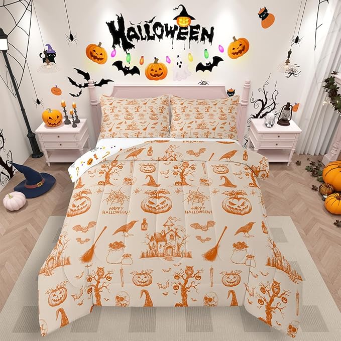 Erosebridal Halloween Bedding Set Orange Pumpkin Bat Comforter Set Toddler Size,Vintage Halloween Decor Quilt for Kids Boys Girls Adults Happy Festival Themed Duvet Insert