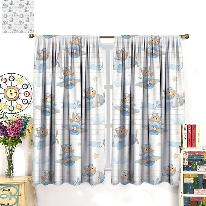 Cartoon Bear Curtains, Lovely Bear Adventure Airplane Blue White Stripe Blackout Window Treatments, Rod Pocket Thermal Insulated Drapes 2 Panel Sets for Kids Bedroom Nursery Classroom, 42"W X 63"L