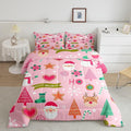 Manfei Merry Christmas Kids Comforter Set Twin Size,Cute Santa Claus Snowman Deer Bedding Set,Boys Girls Adults Room Decor,Snowflake Christmas Trees Down Comforter,Pink Xmas Duvet Insert,1 Pillowcase