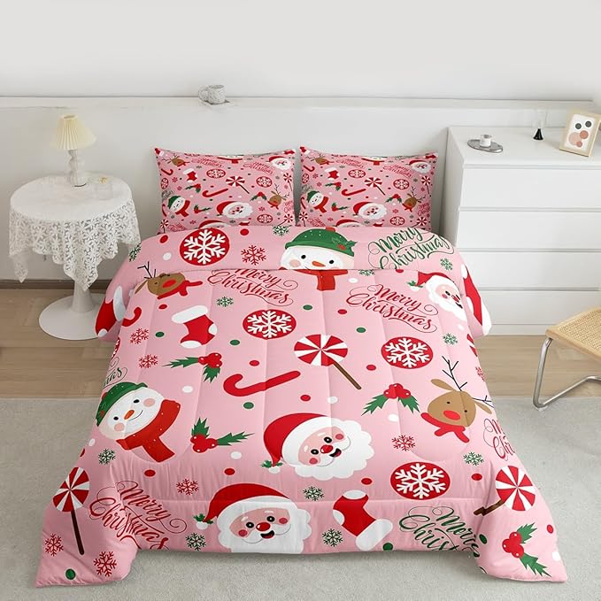 Feelyou Merry Christmas Kids Comforter Set Queen Size Santa Claus Snowman Bedding Set Deer Berries Duvet Quilt for Kids Boys Girls Bedroom Snowflake Decor Microfiber Ultra Soft Breathable