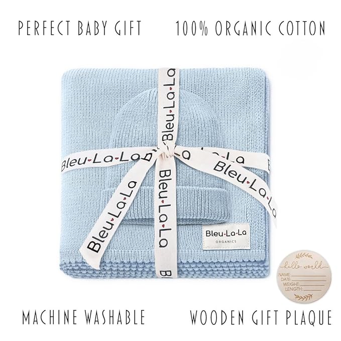 Luxe Collection 100% Organic Luxury Knit Baby Blanket + Hat Gift Set (Sky Blue)