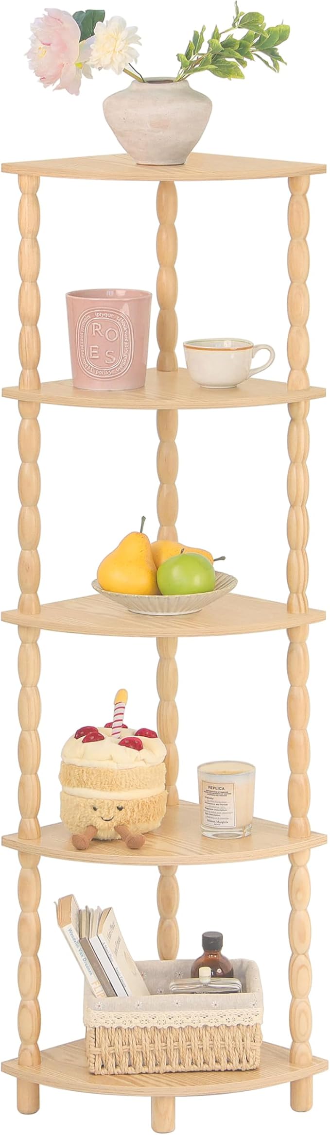 MaxSmeo Corner Shelf, 5-Tier Corner Bookshelf for Small Spaces, Stylish Corner Storage Display Shelves for Bedroom, Bathroom, Kitchen, Living Room (Natural)