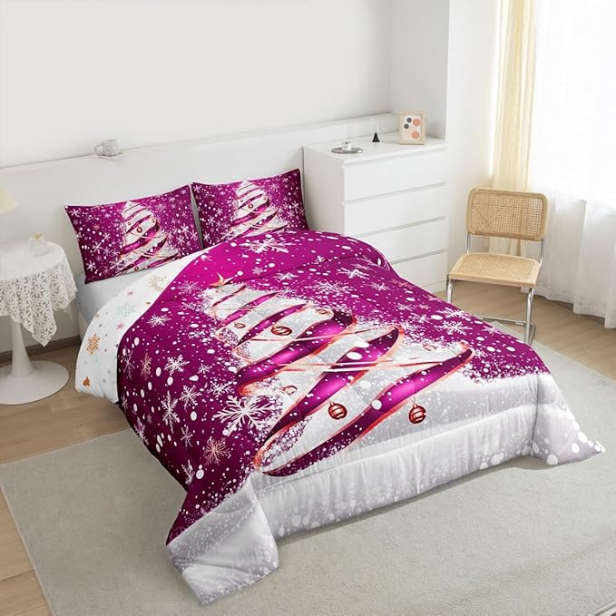 Feelyou Merry Christmas Bedding Set Soft for Boys Girls, Christmas Tree Comforter Set King Size Snowflake Duvet Quilt Microfiber Winter Bedroom Decor 3 Pcs with 2 Pillow Cases