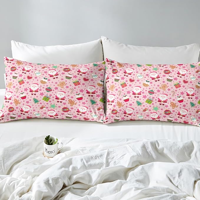 Feelyou Pink Christmas Duvet Cover Twin Size Cartoon Santa Claus Gingerbread Man Bedding Set for Boys Girls Snowman Xmas Decor Comforter Cover Reversible Pink Bedroom Decor 2Pcs