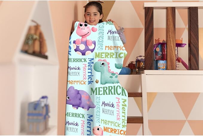 Dinosaur Lover Personalized Blanket with Custom Baby Dinosaur Custom Name Flannel Blanket Soft Throw Meaningful Gift for Toddlers Girls Boys Kids Pets 60 * 50" M for Teen