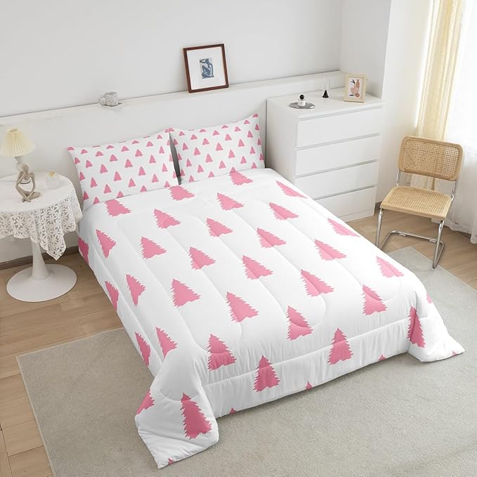 Feelyou Pink Christmas Trees Bedding Set for Kids Boys Girls Twin Size Holiday Comforter Set Ultra Soft Winter Comforter Xmas Decor Duvet Quilt Bedroom Decor Christmas Ornaments Quilt