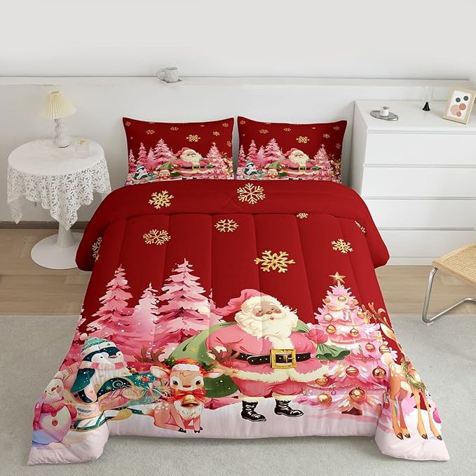 jejeloiu Merry Christmas Comforter Set Full Size Santa Claus Bedding Set for Kids Boys Girls Cute Deer Duvet Quilt Red Bedroom Decor