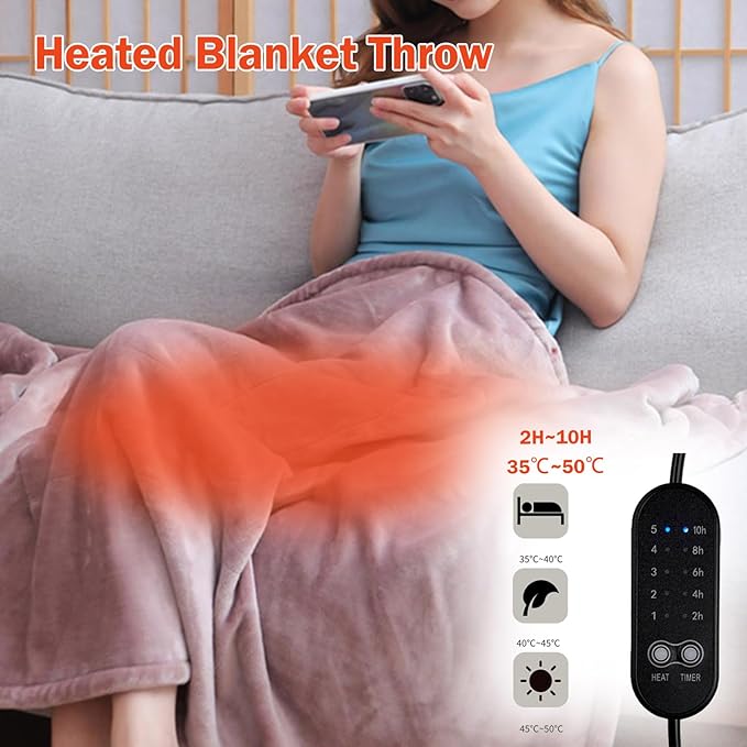 Portable Heated Blanket Throw - USB Charging Flannel Electric Blankets, Fast Heating Warming Winter Throw Blanket for Women, Machine Washable (Gray, 55X31 Inches)