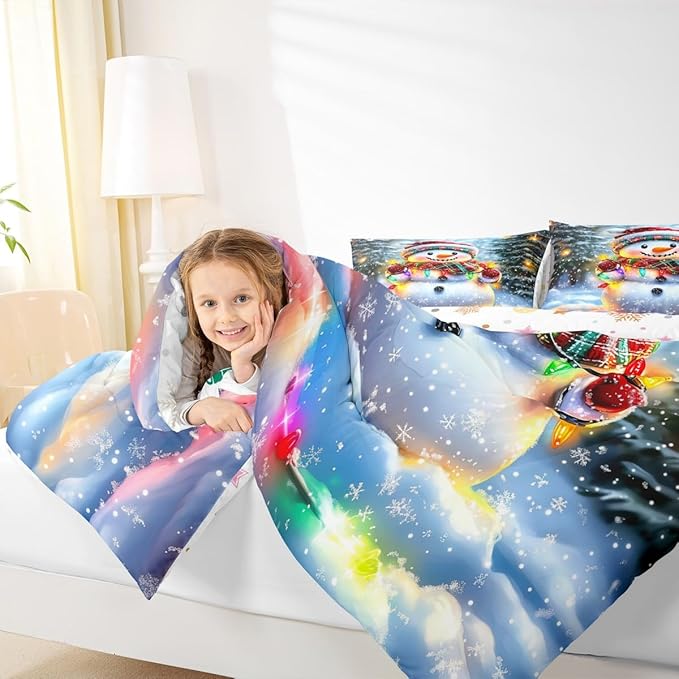 Lovely Snowman Kids Bedding Set Queen Size,Xmas Colorful Lanterns Snowflake Comforter Set,Winter Merry Christmas Quilt Comforter,Rainbow Bedroom Duvet Insert,2 Pillowcases