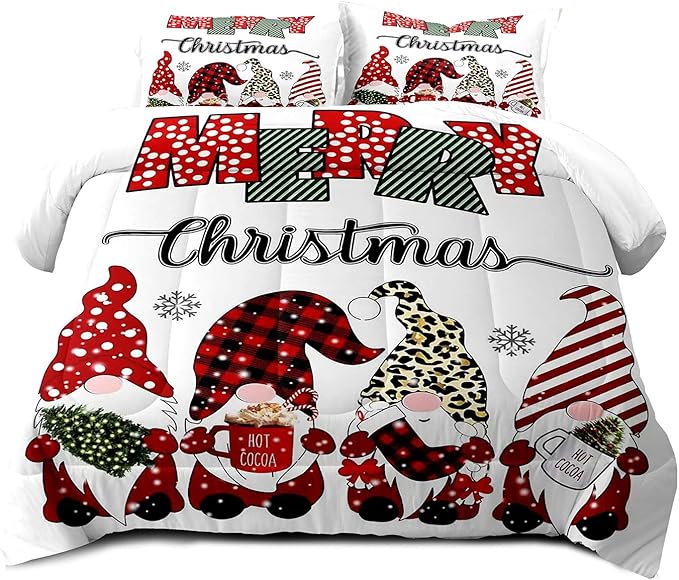 LUVIVIHOME 2PCS Merry Christmas Comforter Set Twin Size, Cute Gnome Bedding, Red Buffalo Plaid Striped Holiday New Year Xmas Bedding, Boys Girls Teens Kids Bedroom Decor, White Quilt, 1 Pillow Case