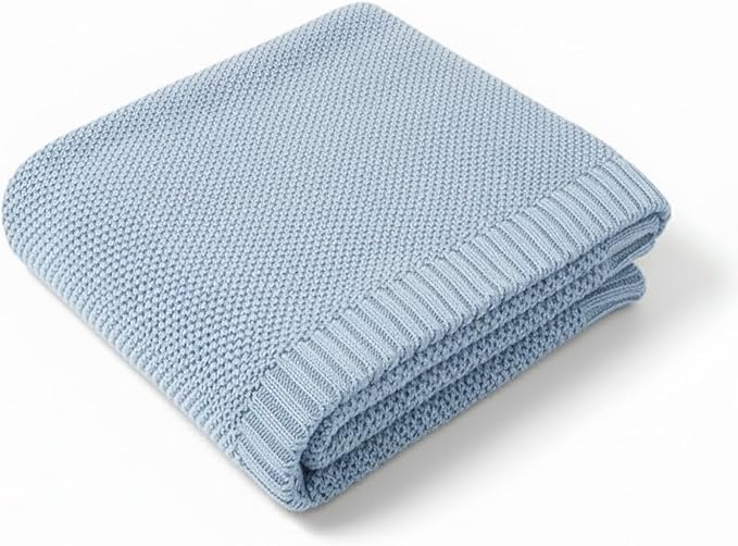 Baby Knit Blanket Soft Cotton Lightweight Newborn Blanket for Crib Stroller Toddler Nursery Shower Gift Cozy Breathable Travel Swaddle Wrap Baby Blue 30 x 40 Inches
