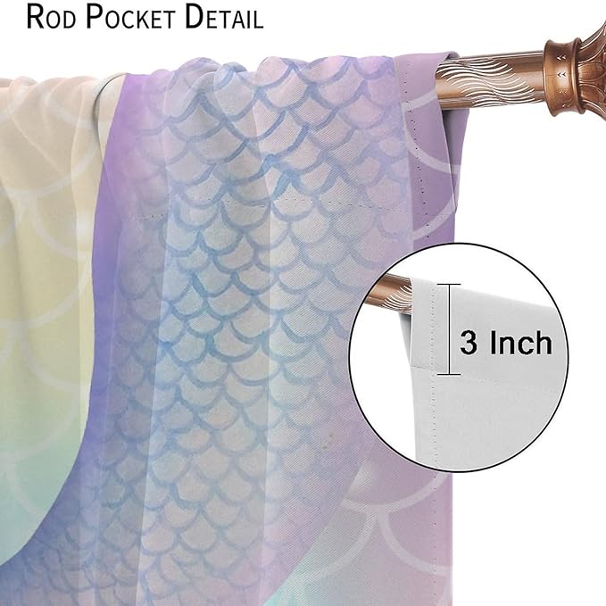 Dream Mermaid Curtains Colorful Mermaid Fish Tail Scale Fantasy Ocean Theme Beautiful Kids Window Treatment for Girls Bedroom Nursery Room Decor Rod Pocket Window Drapes 63x63in