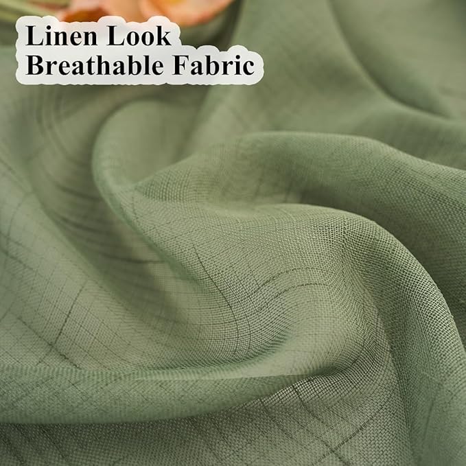 Sage Green Linen Look Sheer Curtains 108 Inches Long 2 Panels, Rustic Textured Light Filtering Drapes, Elegant Window Decor, Floor to Ceiling Pinch Pleat Curtain with Hooks