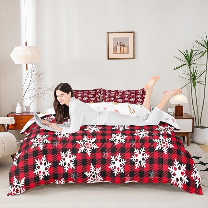 Christmas Kids Bedding Set Snowflake Xmas Theme Bedding Duvet Cover Set for Boys Girls Red Black Buffalo Check Decor Comforter Cover Set New Year Bedspread Cover Bedroom Quilt Cover 3Pcs Queen Size