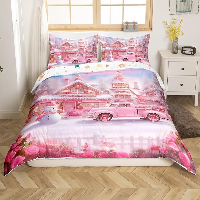 Manfei Christmas Duvet Cover Set Twin Size, Winter Snowman Truck Flower Bedding Set for Kids Girls Room Decor, New Year Pink Comforter Cover, Soft Polyester Quilt Cover, 1 Pillowcase, No Comforter