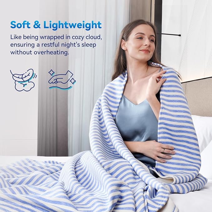 KAWAHOME 3D Air Mesh Cooling Lightweight Summer Blanket King Size for Hot Sleepers, Double-Layer Rayon Material and Breathable Stretchy Blankets for Bed, Couch, 108x90 inches, Blue Striped
