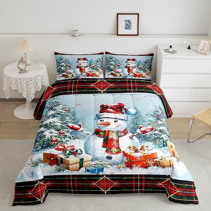 Castle Fairy Xmas Cute Snowman Comforter Set Toddler Size,Merry Christmas Pine Trees Decor Bedding Set for Kids Boys Girls,Vintage Red Green Checkered Plaid Quilted Set with 1 Pillowcase, Polyester
