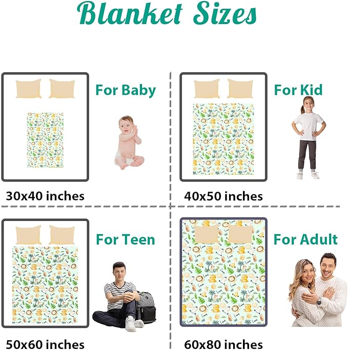 Custom Safari Animals Blanket Gift, Personalized Baby Blanket with Name, Soft Plush Flannel/Sherpa Fleece Throw Blankets for Toddler Kid Teen Boys Girls Color04