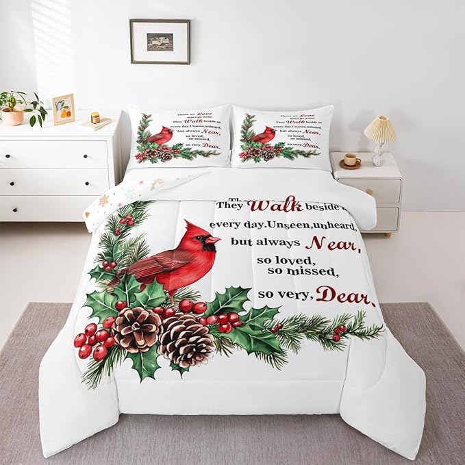 Red Cardinal Comforter Set Full Size,Christmas Birds Holly Pinecones Kids Bedding Set,Berries Poinsettia Rustic Animal Quilt Comforter,White Red Green Duvet Insert,2 Pillowcases