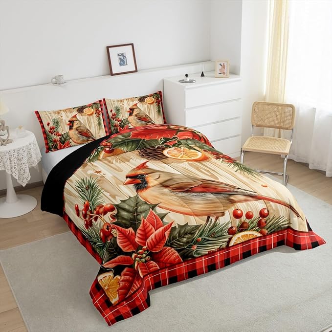 jejeloiu Kids Red Cardinal Comforter Set King Size Christmas Red Black Plaid Flower Bedding Set for Boys Girls Teens Xmas Birds Animal Lemon Winter Wood Plank Duvet Quilt Room Decor