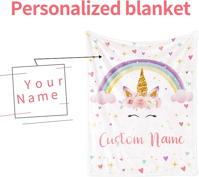 Custom Horse Blanket with Name for Girl, Personalized Name Blanket for Kids, Soft Flannel Pink Toddler Blanket Customized Gift for Birthday Christmas Baby Shower Children Day 40x50in