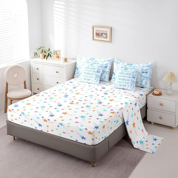 7 Pieces Blue Bowknot Comforter Set King,Cartoon Cherry Stars Daisy Flowers Princess Bedding Set,Bow Geometric Plaids Patchwork Dreamy（Comforter+Fitted+Flat Sheet+2 Pillowcases+2 Throw Pillow Covers）