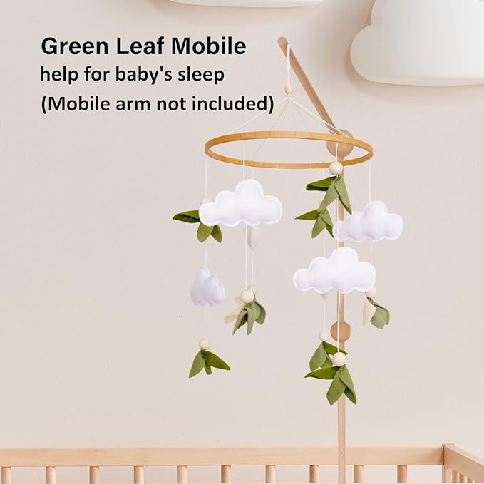 Green Leaf Baby Crib Mobile, WoodlandMobile for Crib for Baby Boys & Girls, Green Nursery Decor, with Felt Leaves, White Clouds