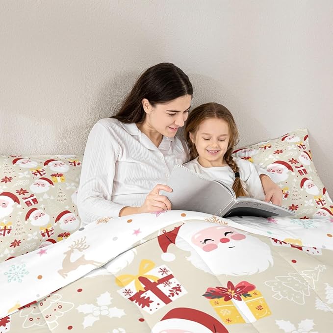 jejeloiu Santa Claus Comforter Set Queen Size Merry Christmas Bedding Set for Kids Boys Girls Xmas Themed Duvet Quilt Beige Bedroom Decor