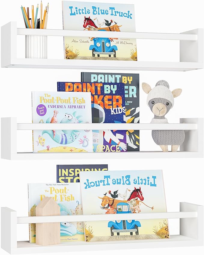 Fixwal Wood Nursery Book Shelves, 16.5 Inch Floating Bookshelves for Wall Set of 3, Baby Kids Decor, Solid Wood Wall Mounted Shelves for Books, Toys and Decor Storage (White)