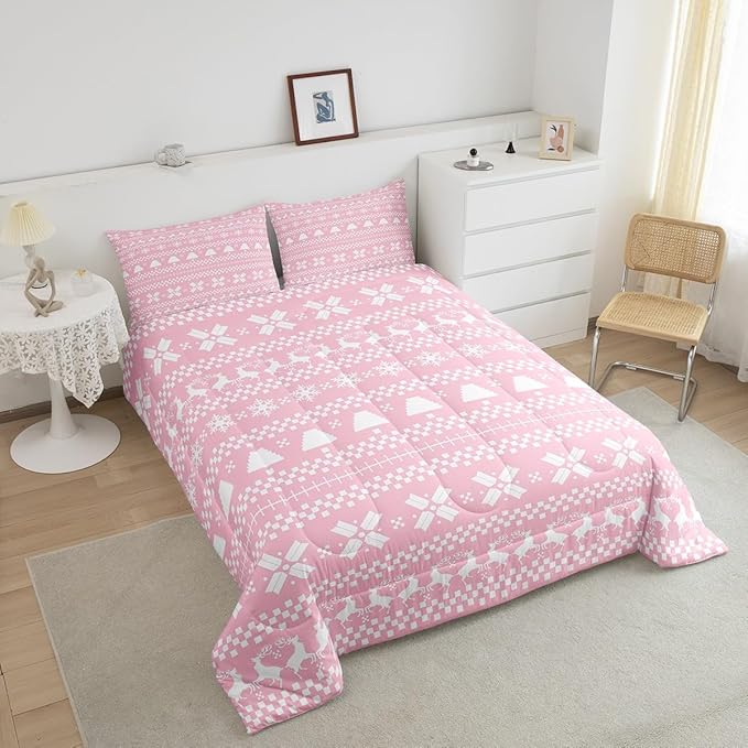 Feelyou Pink Christmas Bedding Set for Kids Boys Girls King Size Xmas Deer Elk Decor Comforter Set Ultra Soft Winter Comforter Snowflake Duvet Quilt Bedroom Decor Christmas Ornaments Quilt