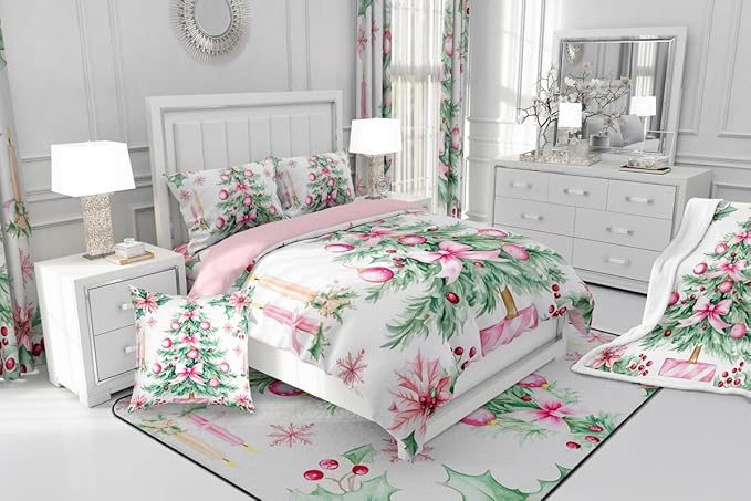 Feelyou Pink Christmas Comforter Set Toddler Size Xmas Tree Bedding Set for Kids Boys Girls Xmas Ornaments Duvet Quilt Snowflake Bow Bedroom Decor Microfiber 2 Pcs with 1 Pillow Cases