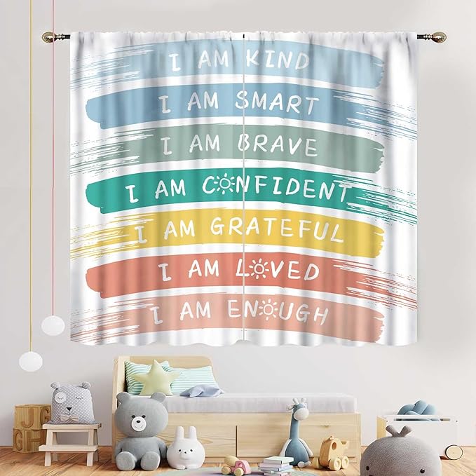Rainbow Curtains for Classroom, Kids Girls Baby Boho Cute Inspirational Motivational Quotes Cartoon Colorful Pastel Nursery Classroom Bedroom Living Room Bathroom Window Drapes 2 Panels, 63"x72" Inch