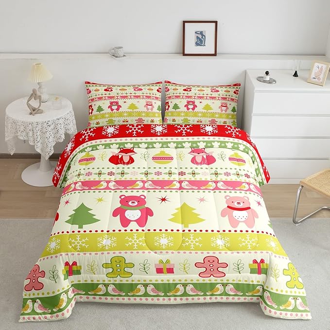 Erosebridal Merry Christmas Comforter Set Kids King Size Xmas Tree Decor Quilts Snowflake Bedding Set Cute Colourful Bear Duvet Insert with 2 Pillow Cases