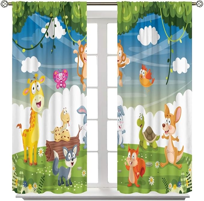 Animal Curtains, Cartoon Cute Woodland Jungle Forest Animals Pattern Blackout Window Treatments, Rod Pocket Thermal Insulated Drapes 2 Panel Sets for Kids Nursery Bedroom Classroom, 63" W X 63" L