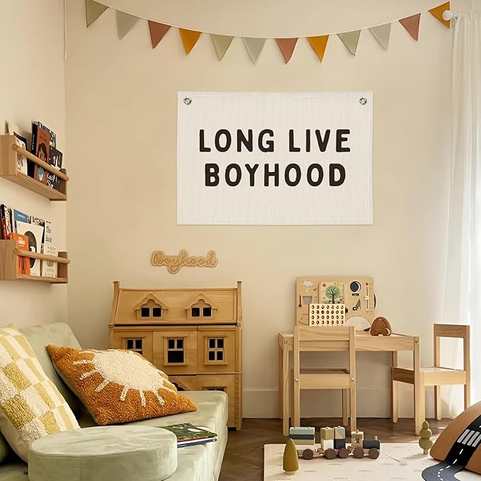 Long Live Boyhood Banner, Boy Nursery Decor, Linen Banner Wall Hanging Flag Decor for Nursery Playroom Toddler Boys Kids Room