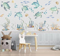 Watercolor Sea Turtle Wall Stickers, Sea Turtles Seaweed Coral Bubbles Vinyl Wall Decals, Removable Under The Sea Themed DIY Wall Art for Kids Bedroom Playroom Toddler Room Bathroom Decor