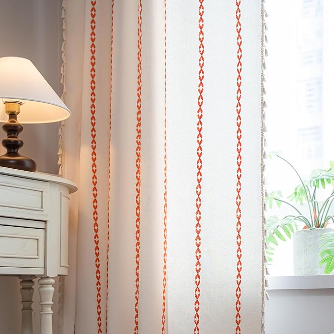 Deeprove Rust Orange Boho Curtains 96 inches Length for Living Room Bedroom Nursery, Bohemian 96" Long Embroidery Farmhouse Tassel Privacy Home Decor Accent for Fall Halloween, W52 x L96, 1 Panel