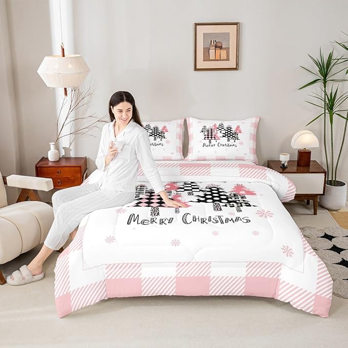 Manfei Merry Christmas Comforter Set Twin Size, Pink Plaid Xmas Trees Bedding Set 2pcs, New Year Cartoon Down Comforter for All Season, Kids Girls Santa Claus Bedroom Decor, 1 Pillowcase, No Sheets
