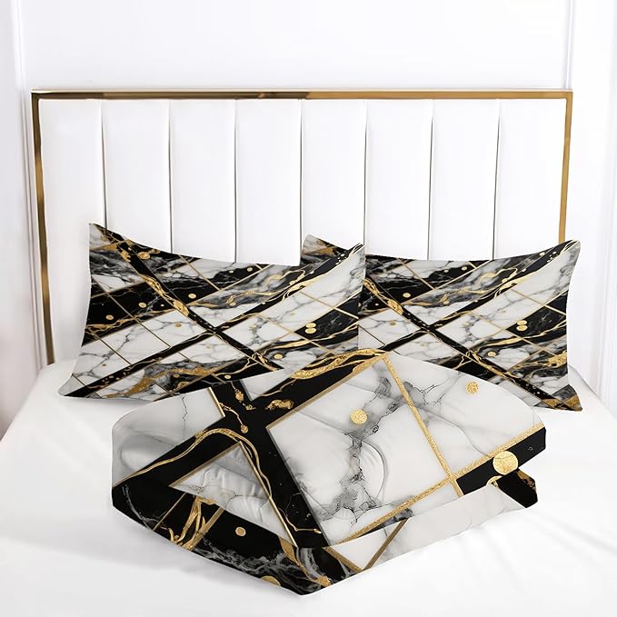 White Marble Comforter Set: Twin Size Geometric Black and Gold Bedding Sets Abstract Marbling Quilts for Teens Kids Modern Aesthetic Bed Set 1 Comforter & 1 Pillowcase