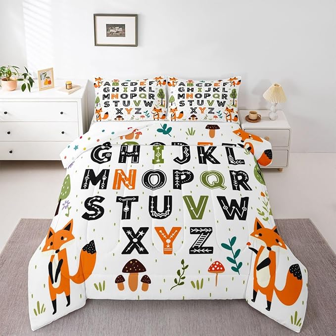 Feelyou Educational Nursery Art Comforter Set Toddler Size Alphabet Kids ABC Learning Bedding Set for Kids Boys Girls Cute Fox Duvet Quilt Woodland Animals Bedroom Decor 2 Pcs with 1 Pillow Cases
