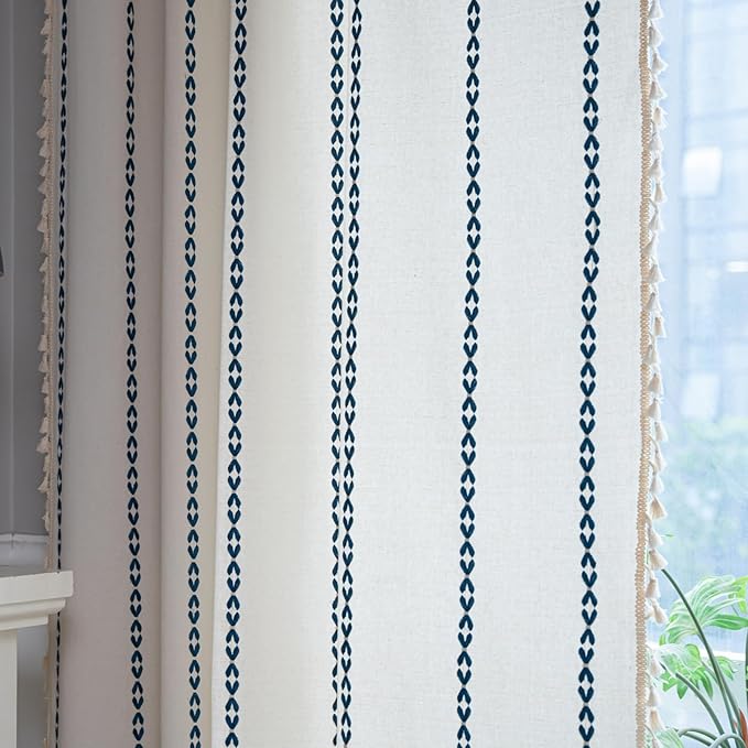 Deeprove Navy Blue Boho Curtains 63 inches Length for Kitchen, Vintage Bohemian Embroidery Farmhouse Cotton Linen Striped French Country Tassel Window Treatments Decor, W52 x L63, 1 Panel