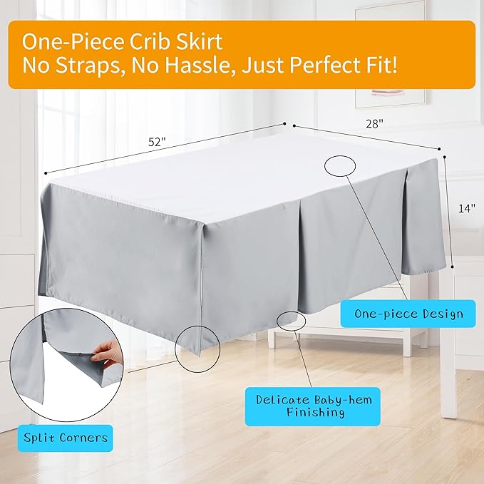 Crib Bed Skirt Dust Ruffle 100% Cotton - Natural, Soft, Breathable for Baby's Delicate Skin, Nursery Toddler Crib Bed Skirt for Baby Boys Girls, Fits Standard Cribs 28" x 52" with 14" Drop