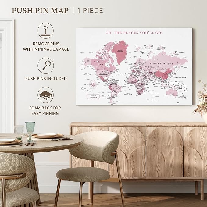 ElephantStock - Places You'll Go Push Pin World Map Wall Art - Horizontal Canvas Wall Art - Living Room Wall Decor - Digital Art Map Canvas Art - White And Pink Decor - 48" x 32"