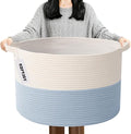 Large Blanket Basket for Organizing,65L Closet Organizers and Storage Bins Box for Shelves Woven Rope Storage Baskets,Living Room,Bedroom,Dorm,Laundry room (White&Blue)