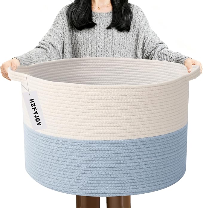 Large Blanket Basket for Organizing,115L Closet Organizers and Storage Bins Box for Shelves Woven Rope Storage Baskets,Living Room,Bedroom,Dorm,Laundry room (White&Blue)